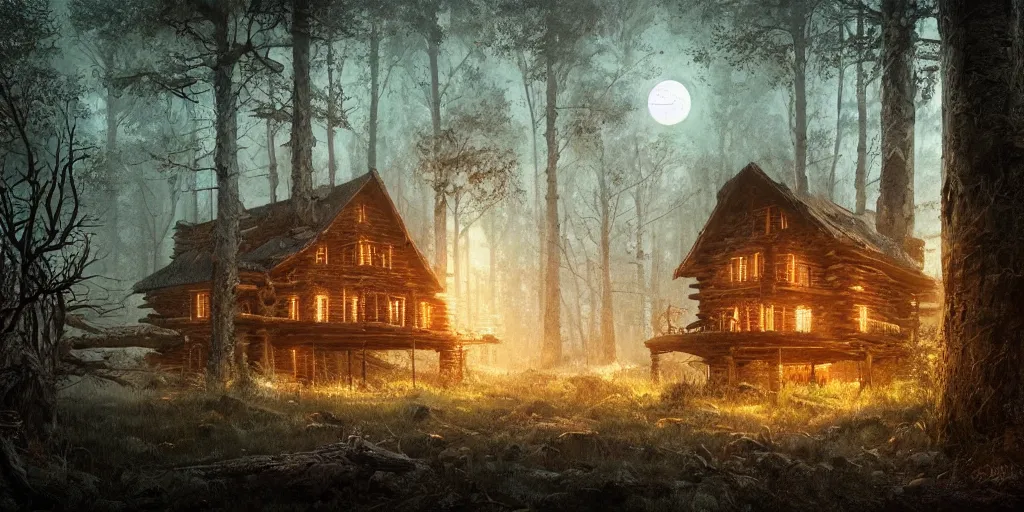 Prompt: an abandoned log house in an bioluminescent ancient forest, waxing moon, greg rutkowski, 8 k, shallow depth of field, intricate detail, concept art,