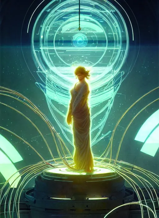 Image similar to high depth, collective civilization love, calm, healing, resting, life, hybrids, scifi, glowing lights!!, published concept art, mixed medias, image overlays, sharp focus, thin glowing wires, winning illustration, art by greg rutkowski and alphonse mucha, singularity!!!, 3 6 0 projection