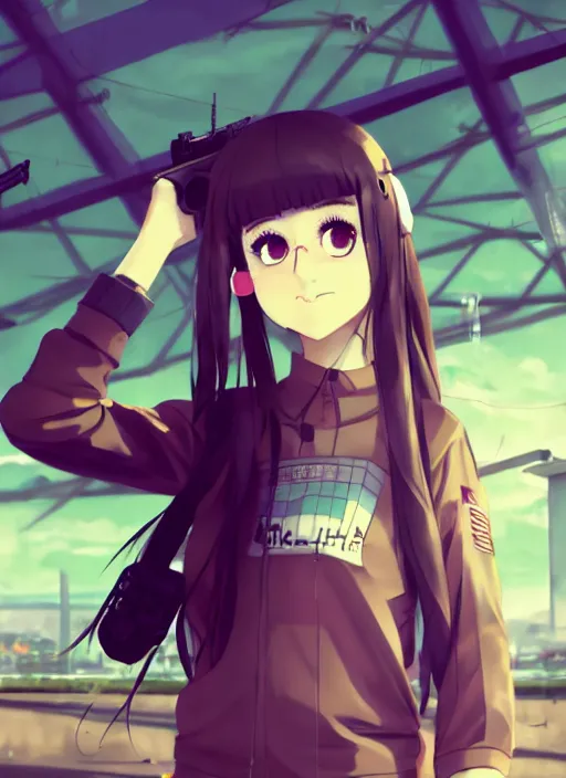 Image similar to a high school girl, hangar roof background, paintball arena landscape, illustration, concept art, anime key visual, trending pixiv fanbox, by wlop and greg rutkowski and makoto shinkai and studio ghibli and kyoto animation, symmetrical facial features, paintball dye mask, airsoft gun, paintball clothing, military carrier rig, realistic anatomy, backlit, gta 5