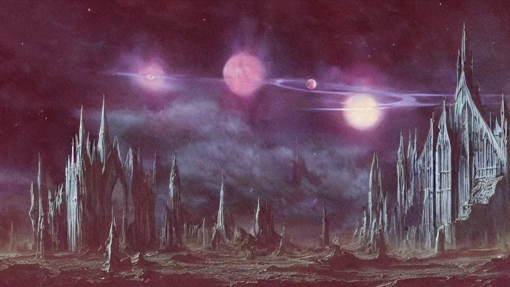 Prompt: eerie atmospheric alien planet with a cathedral like rocket by jack gaughan and bob eggleton and chris moore, epic cinematic matte painting