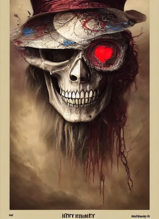 Prompt: Mad Hatter,Death Tarot card,highly detailed,half skull face,cinematic,8k,by Stanley Artgermm,Tom Bagshaw,Greg Rutkowski,Carne Griffiths, Ayami Kojima, Beksinski, Giger,Anne Stokes, Benjamin Lacombe,trending on DeviantArt,hyper detailed,horror, full of colour