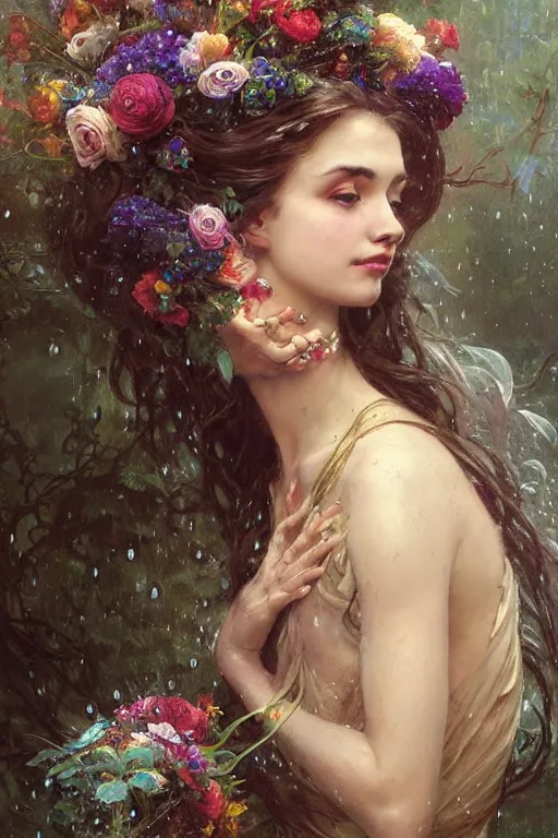 Image similar to portrait of a beautiful mysterious woman holding a bouquet of flowing flowers, wet dripping long hair, hands hidden under the bouquet, emerging from the water, fantasy, regal, intricate, by stanley artgerm lau, greg rutkowski, thomas kindkade, alphonse mucha, loish, norman rockwell