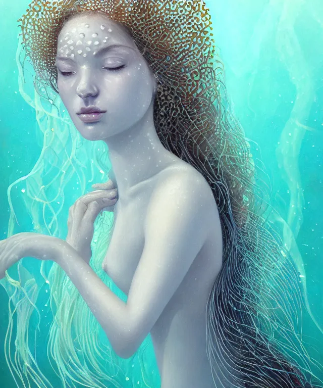 Image similar to underwater portrait of a goddess mermaid with (reaction diffusion) scaled fish skin Bioluminescent phoenix jellyfish, energy rays, Her breath shot a haze of steam out into the frosty morning air concept, soft light, soft mood, realistic body features and face, illustration,intricate ornament halo, painting oil on canvas by Elena Zhurikhina and Goro Fujita and Charlie Bowater, octane render trending on artstation, 4k, 8k, HD