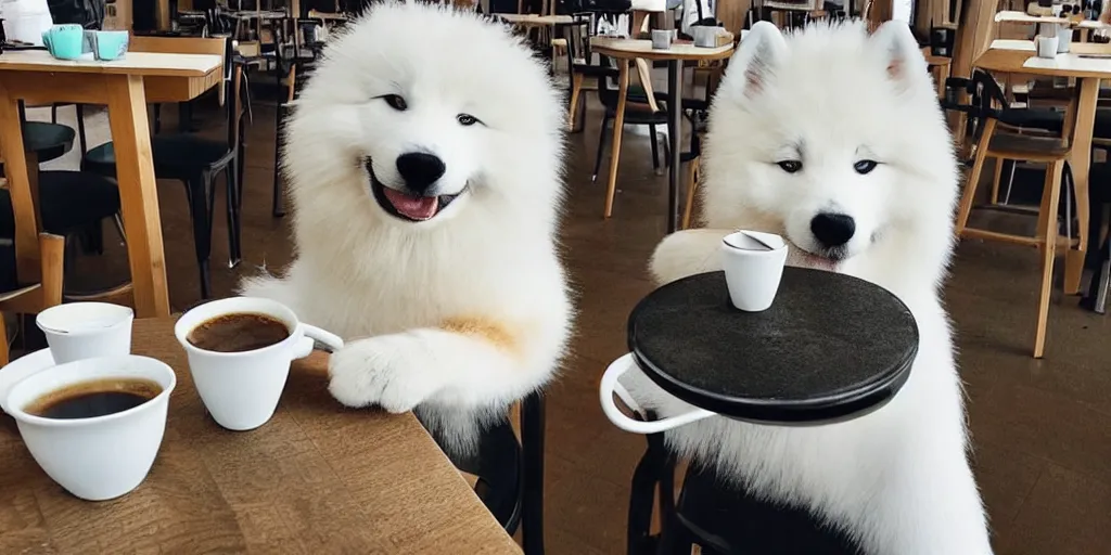 Prompt: a samoyed drinking coffee in the cafe, looks very enjoyable