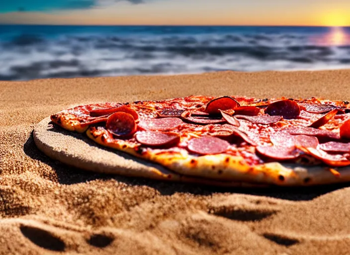 Image similar to clear highly detailed photorealistic food photograph of a wood oven cooked pizza with salami anchovies pepperoni lying on beach sand at sunset, waves next to it