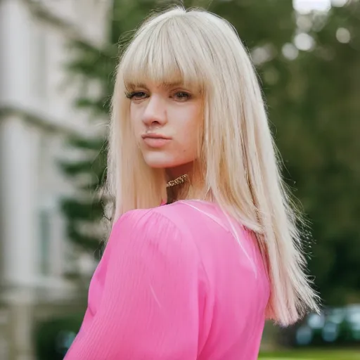 Prompt: portrait of a woman with bangs and blonde hair wearing a pink dress