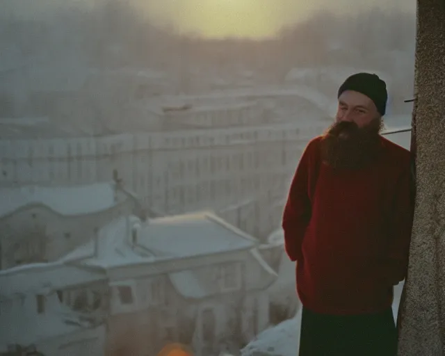 Image similar to lomographic tarkovsky film still of 4 0 years russian man with beard and sweater standing on small hrushevka 9 th floor balcony full with cigarette smoke in winter taiga looking at sunset, cinestill, bokeh