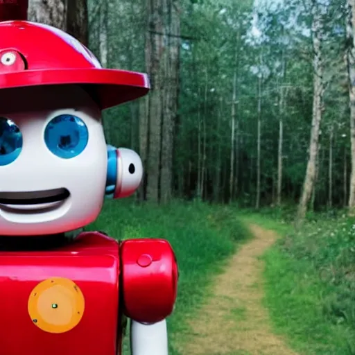 Image similar to cute smiling robot with tomato hat, trekking in a forest, pixar style