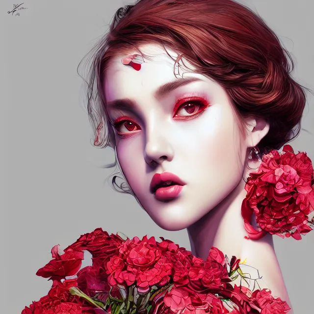 Prompt: studio portrait of an absurdly beautiful, elegant, young hypercolorful sensual gravure idol rubies and red petals, ultrafine hyperrealistic detailed face illustration by kim jung gi, irakli nadar, intricate linework, sharp focus, bright colors, matte, octopath traveler, final fantasy, unreal engine highly rendered, global illumination, radiant light, intricate environment