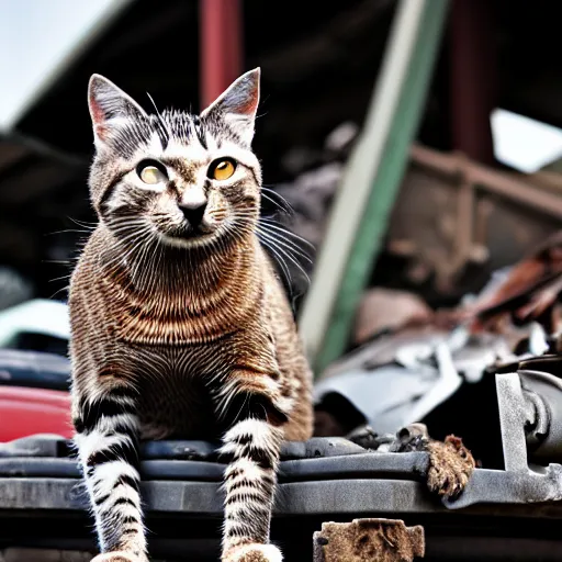 Prompt: donald rumsfeld as a junk yard cat, photo, detailed, 4 k