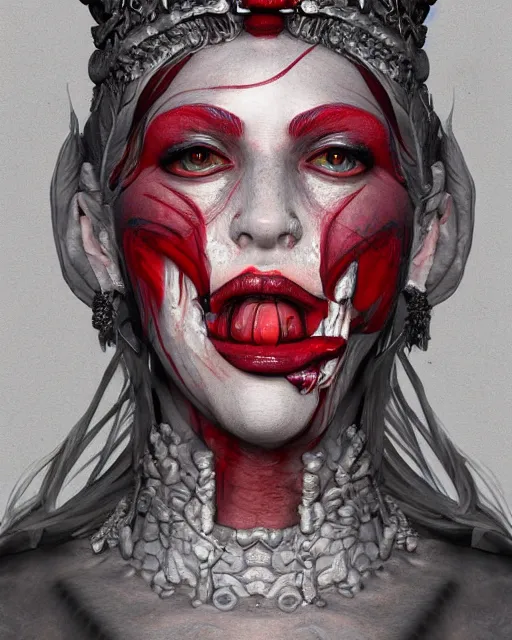 Image similar to Fantasy character portrait of distorted detailed painting of a queen woman made of grey stone, hyper detailed, red flames, trending on Artstation, 8k resolution, full HD, cinematic lighting, award winning, anatomically correct