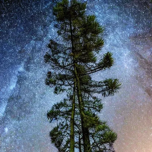 Prompt: Pine trees, night sky, radio telescope, unknown mysteries, unknown signals from outer space