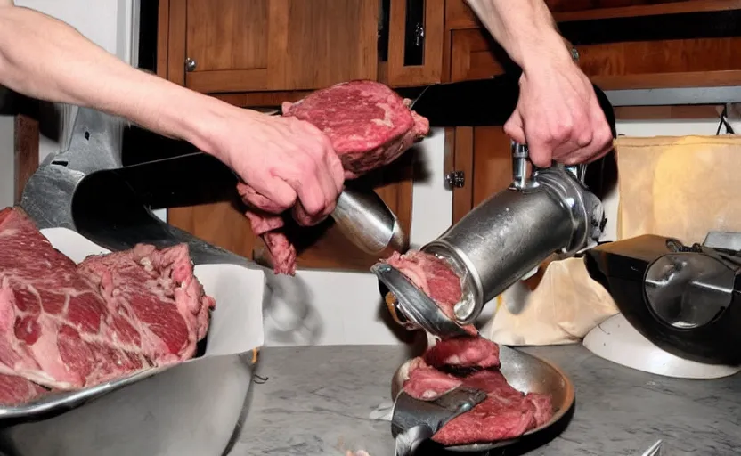 Image similar to jerma putting an arm in a meat grinder