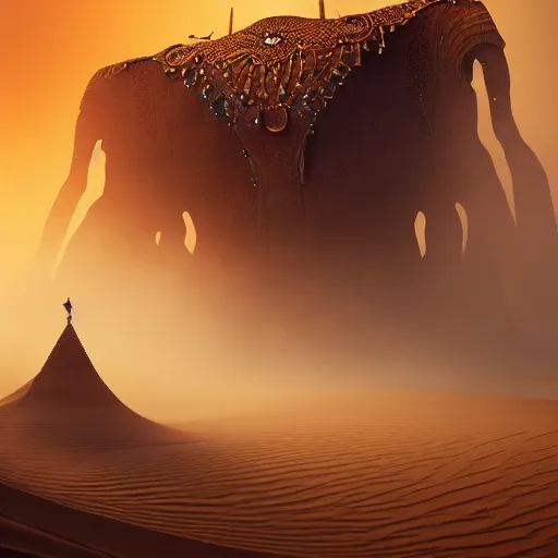 Prompt: epic view of a Giant imposing Djinn in the desert surrounded by sand, covered in jewels, ornate, Beautiful Djinn, full of smoke and sand, iridescent, 4k, 8k, high detail, HDR, by Greg Butkowski, powerful, trending on artstation, concept art, cinematic, jewels, with inspiration from Beksinski