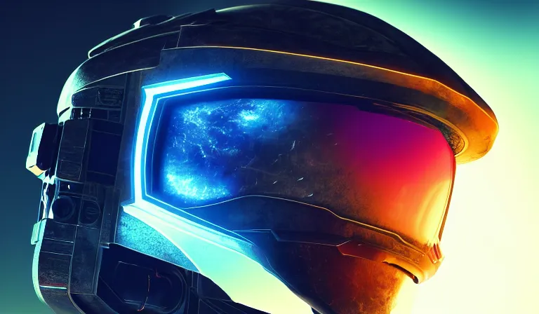 Image similar to cyberpunk halo helmet on space, planet behind, close shot, reflection, epic, dramatic, cinematic, award winning, ultra detailed, realistic, 8k,