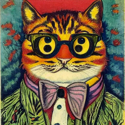 Prompt: portrait by louis wain, with an hawaiian shirt and sunglasses