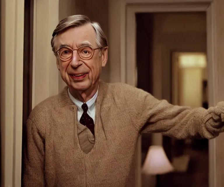 Prompt: still image of mr rogers in the shining, cinematic, intense, scary, frightening, creepy, anamorphic, dramatic 4 0 mm f / 2. 8