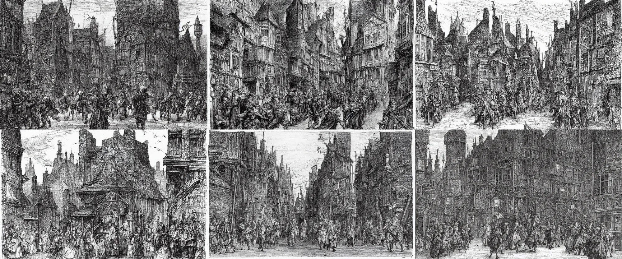 Prompt: a black and white illustration of the streets of elizabethan london by bernie wrightson, ian miller, gustave dore, albrecht durer, storybook illustration, highly detailed, pen and ink on paper
