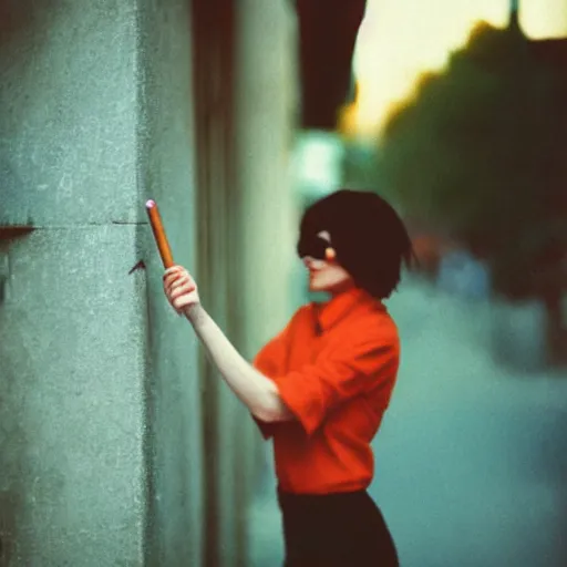 Image similar to colorful instant photograph of a short hair woman smoking in the street, leaning on the wall, polaroid, light leak, raw, nostalgic