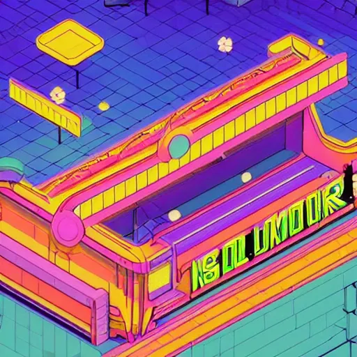 Prompt: Liminal space in outer space, Googie Kitsch aesthetic, colorful isometric, animusic complex machine, at night with neon lights, googie motifs, isometric perspective