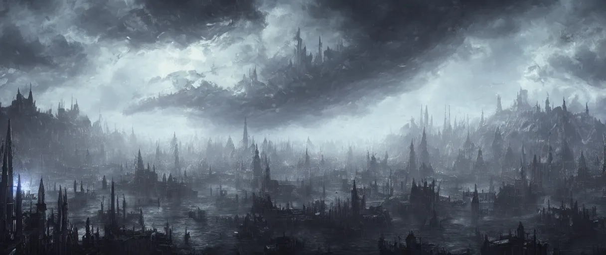 Prompt: large floating cities on top of huge floating islands, terrain visible from beneath, in the clouds, concept art, digital painting, in the style of Bloodborne, dark souls, demon souls, dark, night time, volumetric lighting, large scale, high detail, trending on art station, view from afar