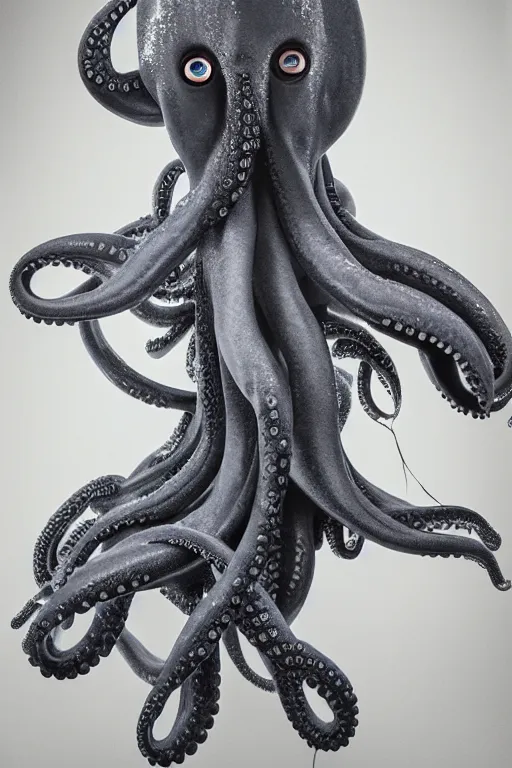 Image similar to full head and shoulders, beautiful porcelain female person, with lots and lots of black, realistic eyeballs, smooth, delicate facial features, white lashes, 3 d white shiny thick, large octopus tentacles in hair, standing in an art gallery by daniel arsham and james jean