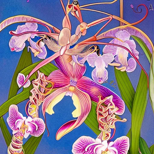 Prompt: majestic colorful orchid mantis cloisonne enamel by leon bakst and yoshitaka amano, cloisonne, beautiful hyperdetailed art nouveau orchids, james jean, amanda sage