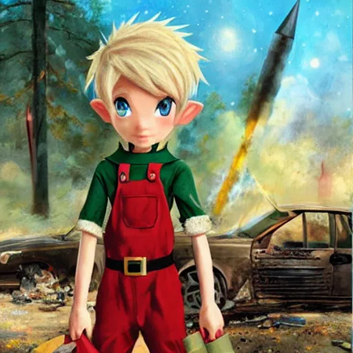 Image similar to a skinny teen as a fantasy elf with spiky blonde hair wearing dark brown overalls and holding a firecracker standing next to a destroyed car, painting by artgerm