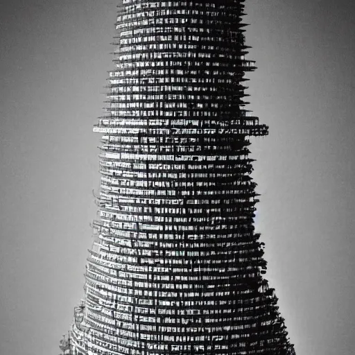Image similar to award winning photography of tower of babel reaching up to heaven made from cellphones, 40mm lens, shallow depth of field, split lighting