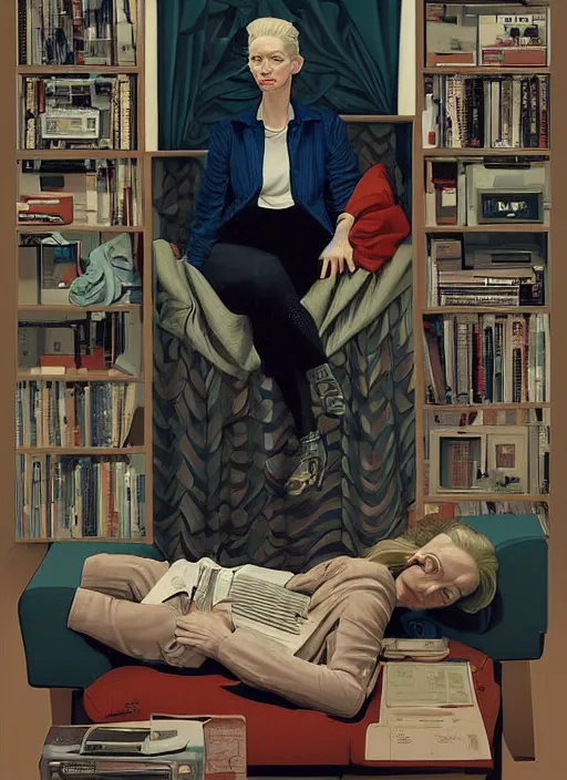 Image similar to Twin Peaks poster artwork by Michael Whelan, Bob Larkin and Tomer Hanuka, Karol Bak of portrait of radio host Tilda Swinton!!!!!!!!!! lounging in her radio sound booth, alone, late at night, from scene from Twin Peaks, simple illustration, domestic, nostalgic, from scene from Twin Peaks, clean, cover of New Yorker magazine