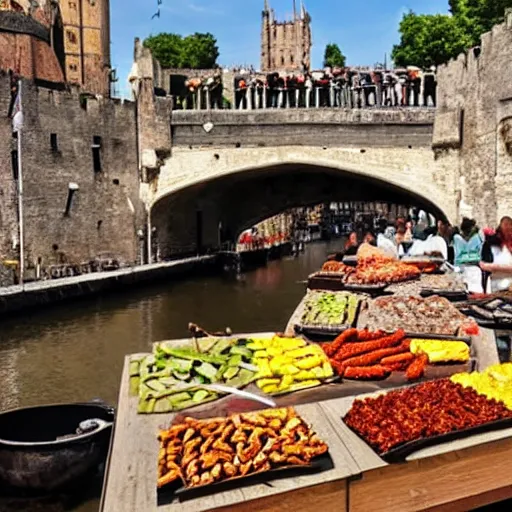 Image similar to medieval food market on a bridge