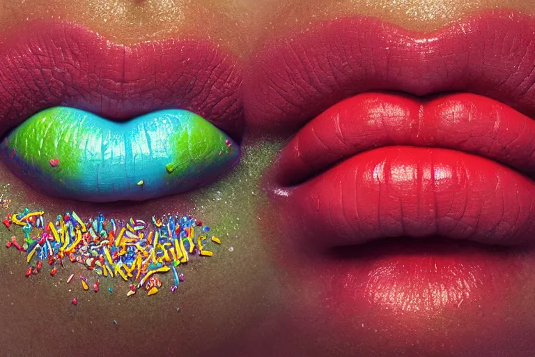 Prompt: studio photograph macro shot, beautiful lips covered in rainbow sprinkles, close up on only mouth, global illumination ray tracing hdr, behance hd artstation by jesper ejsing and loish and laurie greasley, victo ngai, andreas rocha, john harris