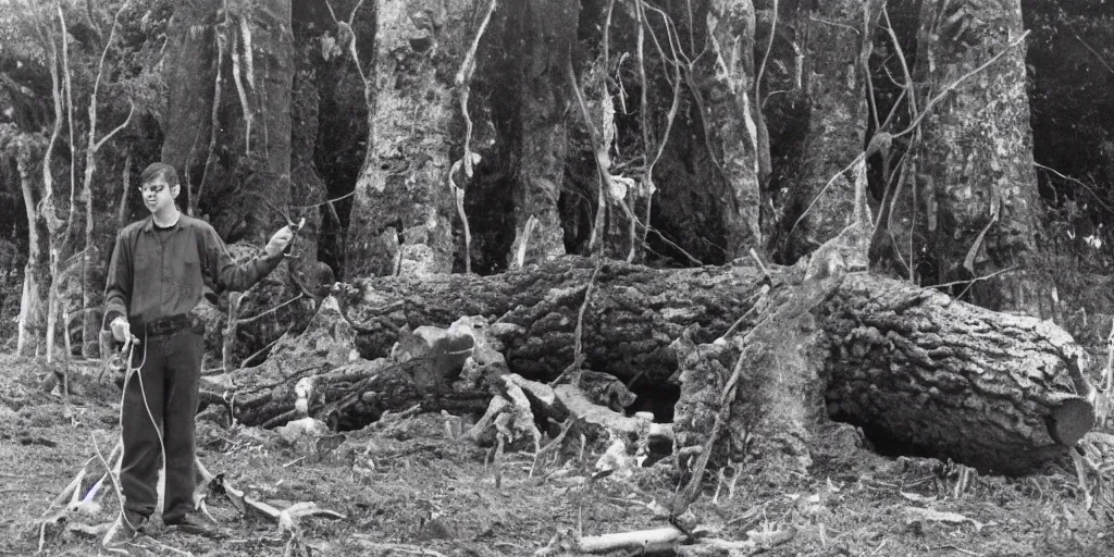 Image similar to bbc tv presenter louis theroux holding a microphone talking to men cutting down ancient kauri trees at great barrier island, new zealand. enormous giant logs in background 1 9 5 0's photograph