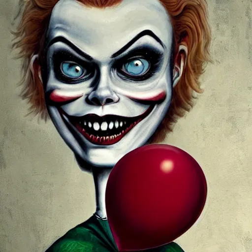 Image similar to grunge cartoon painting of margot robbie with a wide smile and a red balloon by chris leib, loony toons style, pennywise style, corpse bride style, horror theme, detailed, elegant, intricate