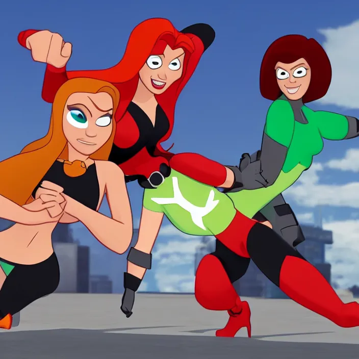 Image similar to kim possible fighting mrs incredible by pixar