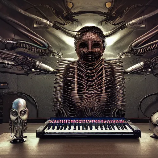 Image similar to huge audio production station and woman interconnected hybrid in the style of h.r. giger, keyboards, synthesizers, airbrush, canvas, biomechanical, surreal, nightmarish, cold, 8k, highly detailed, ultra-realistic, octane render,