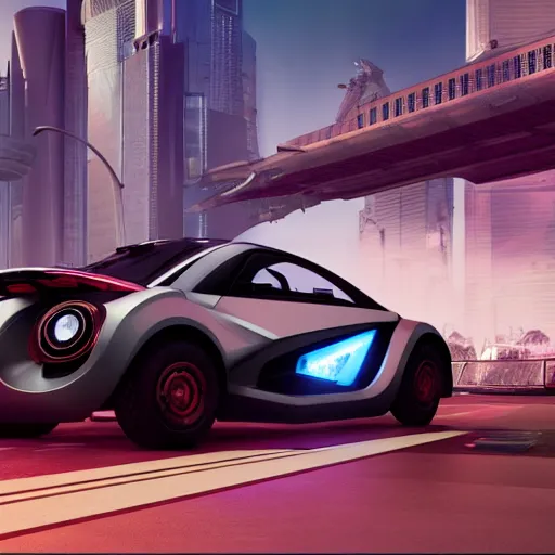 Image similar to octane render of new cyberpunk flying hover version of Renault sandero from 2077 in the city of future by syd mead