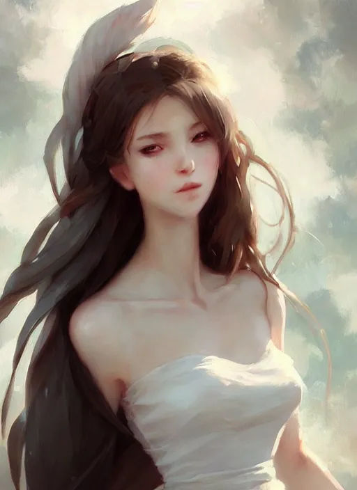 Image similar to a girl with elegant white dress, digital art by krenz cushart, laurie greasly, wlop, artgerm, intricate, ( highly detailed figure ), sharp focus, smooth, epic composition, joyful, unreal engine