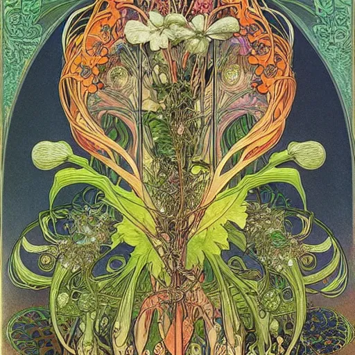 Image similar to magical botany by ernst haeckel and alphonse mucha