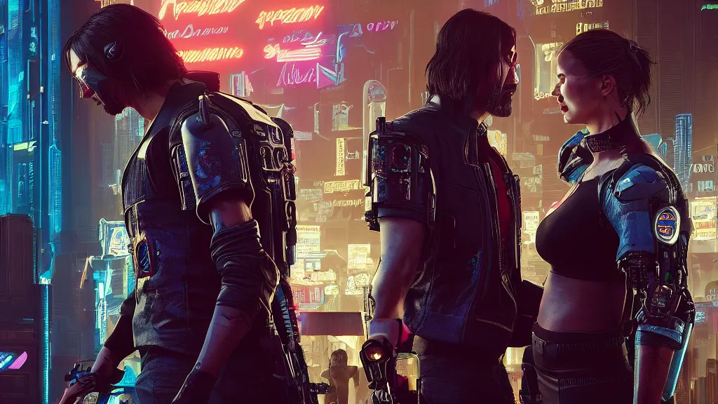 Image similar to a cyberpunk 2077 srcreenshot couple portrait of Keanu Reeves and V as a female android final kisse in night city,love,film lighting,by Lawrence Alma-Tadema,Andrei Riabovitchev,Laurie Greasley,Dan Mumford,John Wick,Speed,Replicas,artstation,deviantart,FAN ART,full of color,intricate,smooth,Digital painting,illustration,face enhance,highly detailed,8K,octane,golden ratio,cinematic lighting