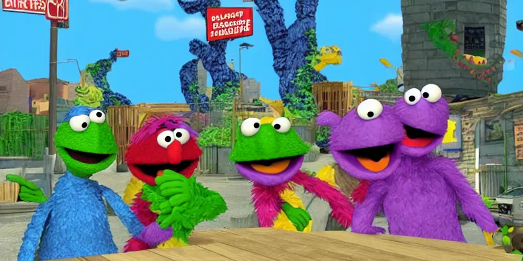 Prompt: Screenshot from “Barney vs Sesame Street” for the PS2