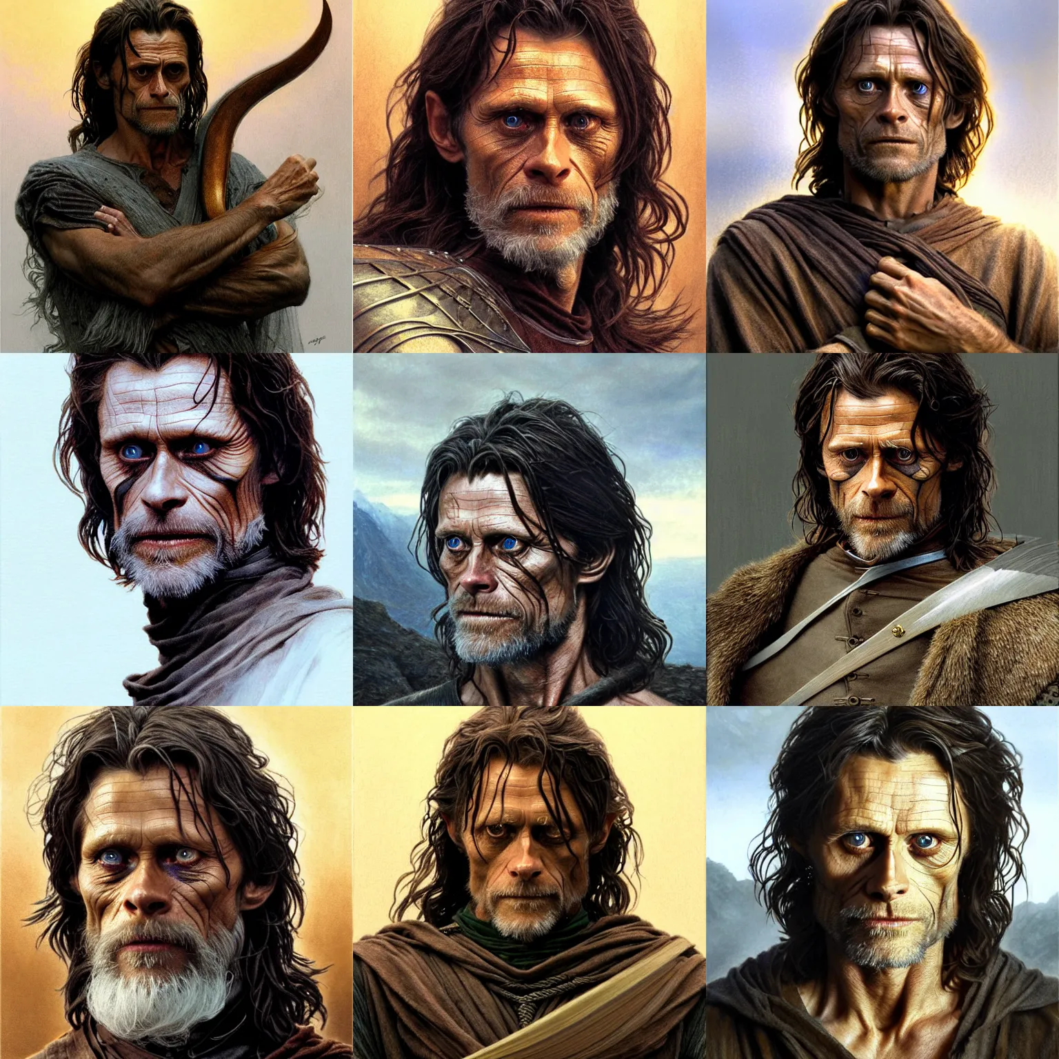 Prompt: Willem Dafoe as Aragorn by Alan Lee, transforming into werewolf, golden hour, concept art, detailed clothing, art station, oil painting, art by artgerm and greg rutkowski and alphonse mucha