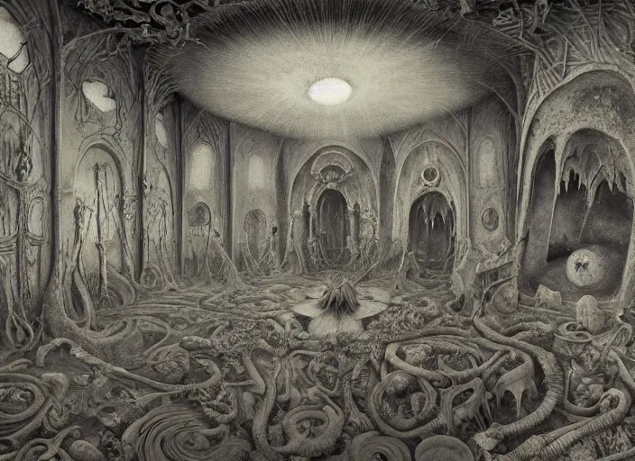 Prompt: matte painting in the style of hieronymus bosch, leonora carrington and zdzislaw beksinski : : intricate detailed study of a wild, psychedelic nightmare full of imaginary creatures : : interior view of a complex modern building : : ultra - detailed technical precision : : high definition 3 d render, unreal engine, 4 k, hi - res textures