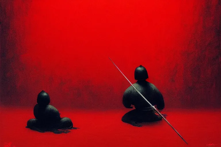 Image similar to only with red, a red samurai do seppuku, tokio, a lot of frogs watch, in the style of beksinski, parts by edward hopper, parts by rodcenko, parts by yue minjun, intricate and epic composition, red by caravaggio, insanely quality, highly detailed, masterpiece, red light, artstation, 4 k