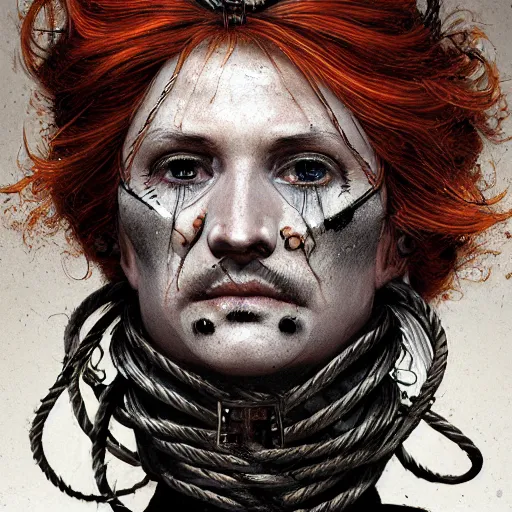 Image similar to portrait of a Shibari razor wire wrapped face and neck, headshot, insanely nice professional hair style, dramatic hair color, digital painting, of a old 17th century, old cyborg merchant, amber jewels, baroque, ornate clothing, scifi, realistic, hyperdetailed, chiaroscuro, concept art, art by Franz Hals and Jon Foster and Ayami Kojima and Amano and Karol Bak,