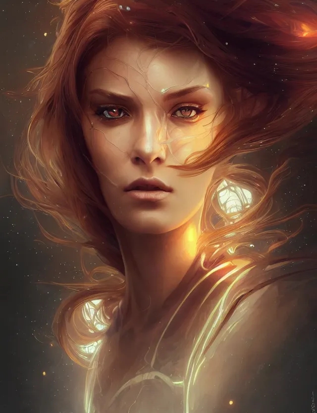 Image similar to futuristic woman portrait, sci-fi, amber eyes, face, long hair, fantasy, intricate, elegant, highly detailed, digital painting, artstation, concept art, smooth, sharp focus, illustration, art by artgerm and greg rutkowski and alphonse mucha