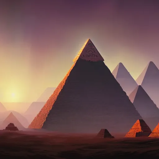 Prompt: pyramids constructed by aliens, digital painting, 4k, rays of light, particles light, artstation, kuvshinov ilya, landscape by Noah Bradley