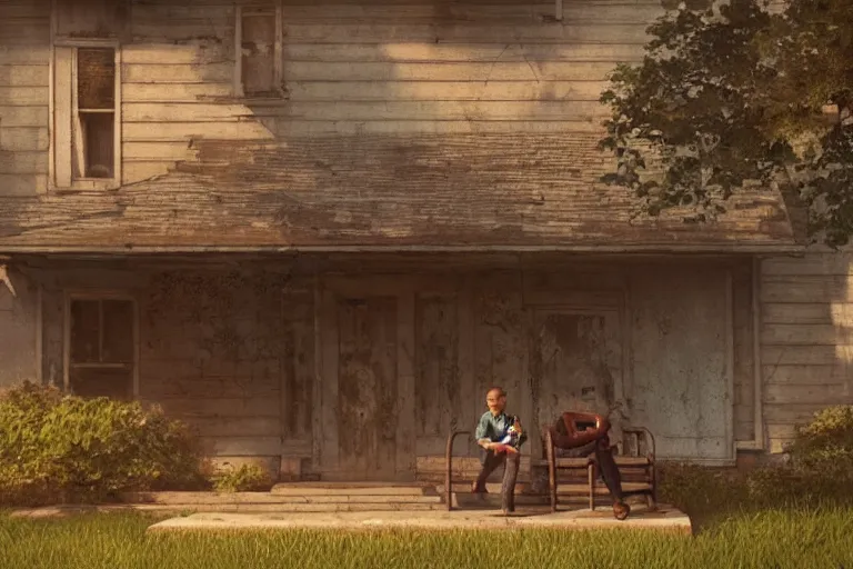 Image similar to close up of a big old rusty robot and a boy sitting on the porch of an old house, by artgerm, by greg rutkowski, octane render, hd, evening mood, dynamic lighting