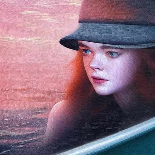 Image similar to silhouette of Elle Fanning on a boat, stormy weather, extremely detailed masterpiece, oil on canvas, low-key neon lighting, artstation, Blade Runner 2049, Roger Deakin’s cinematography, by J. C. Leyendecker and Peter Paul Rubens,