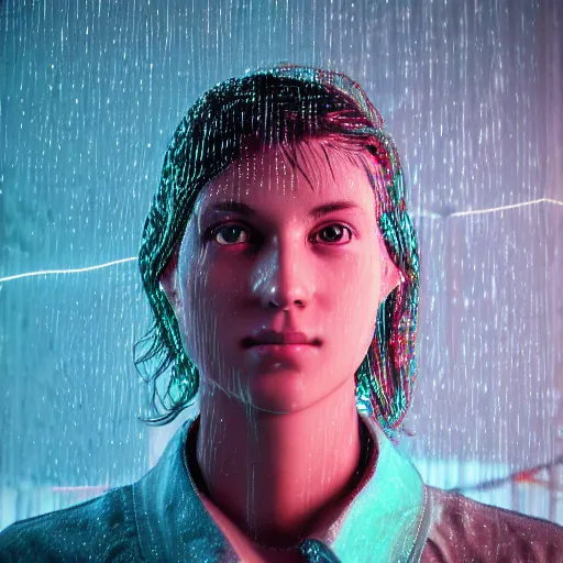 Image similar to a human portrait made out of rain, neon light, beautiful, rendered in octane, unreal engine, realistic